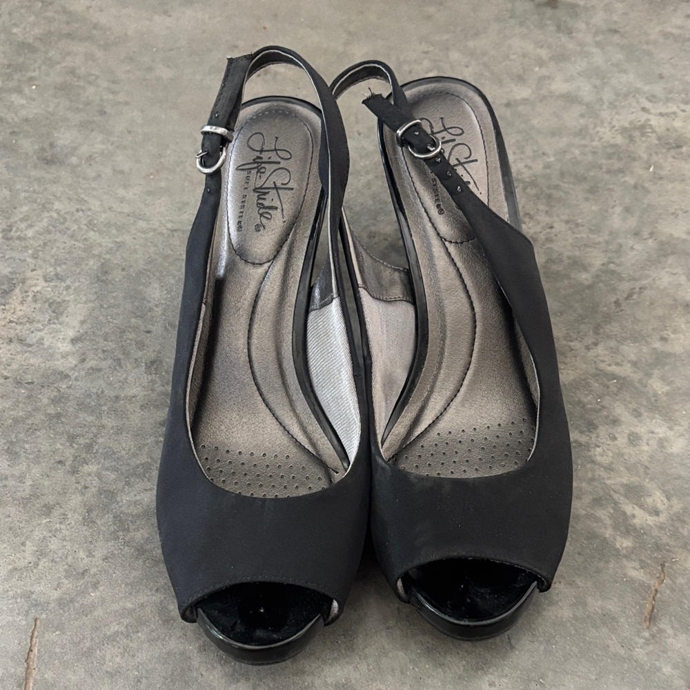 Life Stride Black Peep Toe Slingback Heels